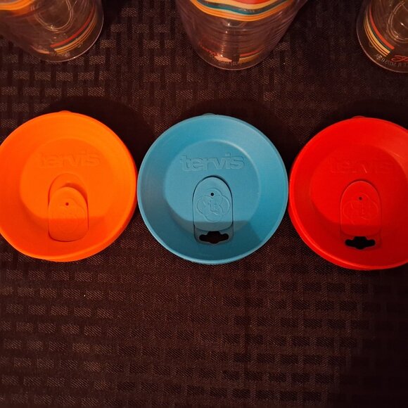 Fiestaware Striped Tumbler Glasses 24oz Red Yellow Green Turquoise w/ Lids Set 3 - Picture 6 of 9